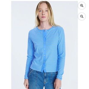 Free Assembly, Striped Button-Up Crewneck Cardigan - Blue
